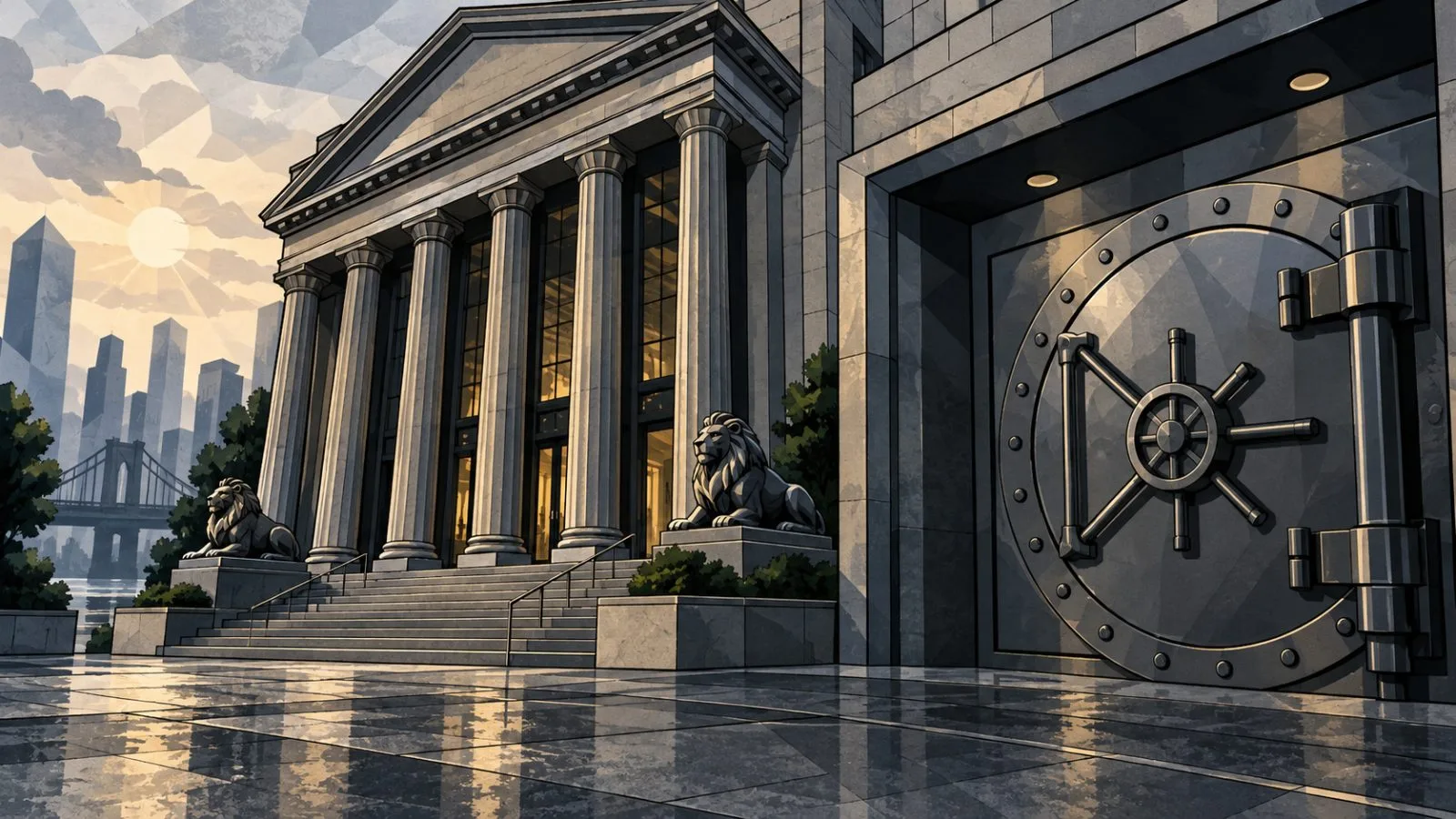 Unmarked exchange entrance beside a sealed institutional metal vault / TokenPost.ai