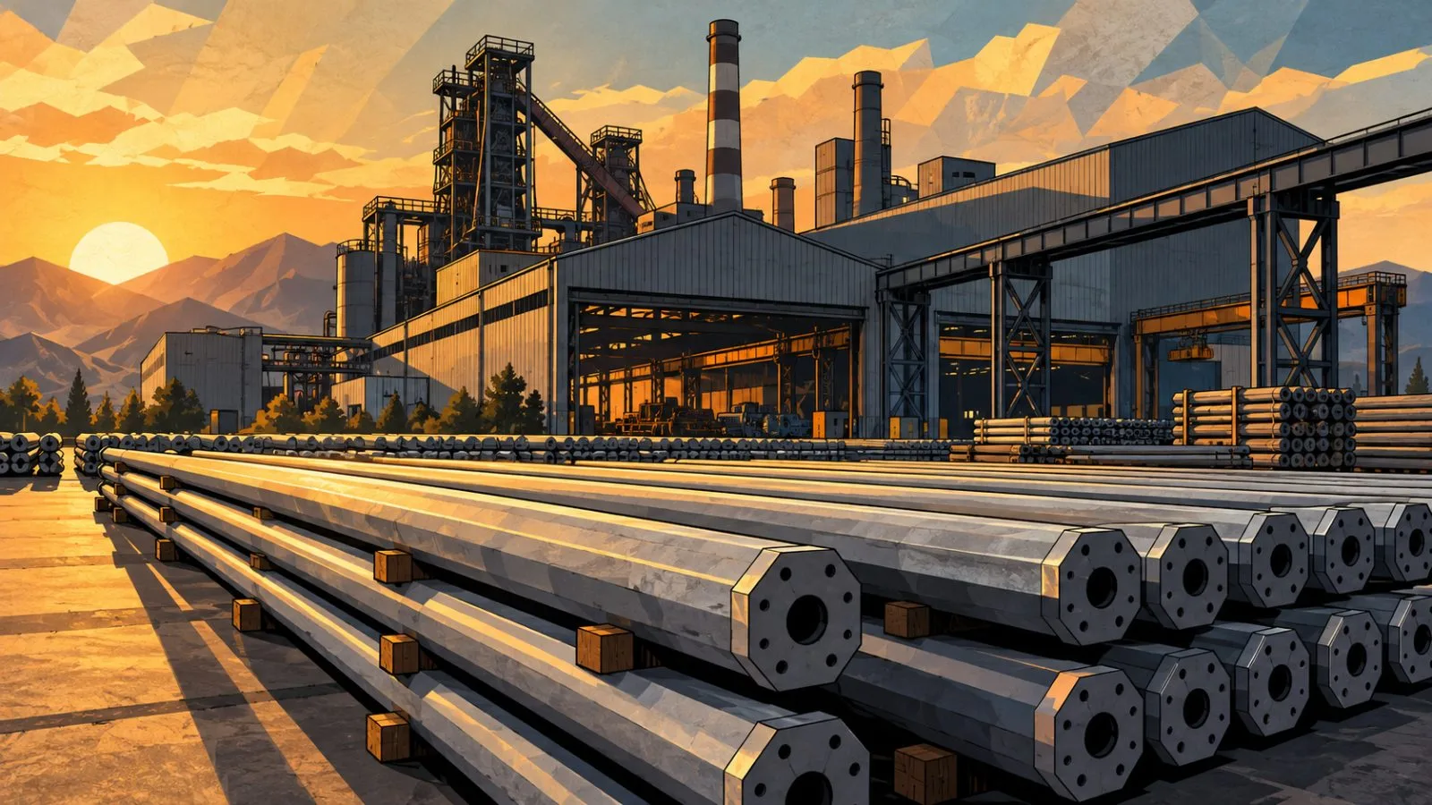 Steel utility poles arranged outside an industrial manufacturing facility / TokenPost.ai