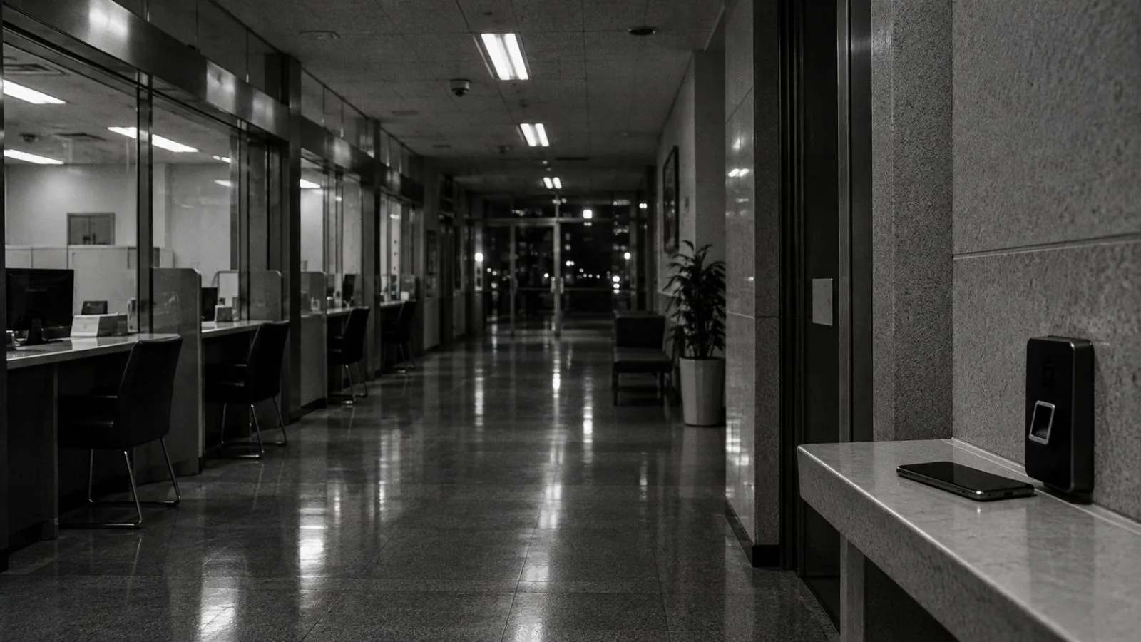 Empty bank corridor with a smartphone beside an access reader / TokenPost.ai