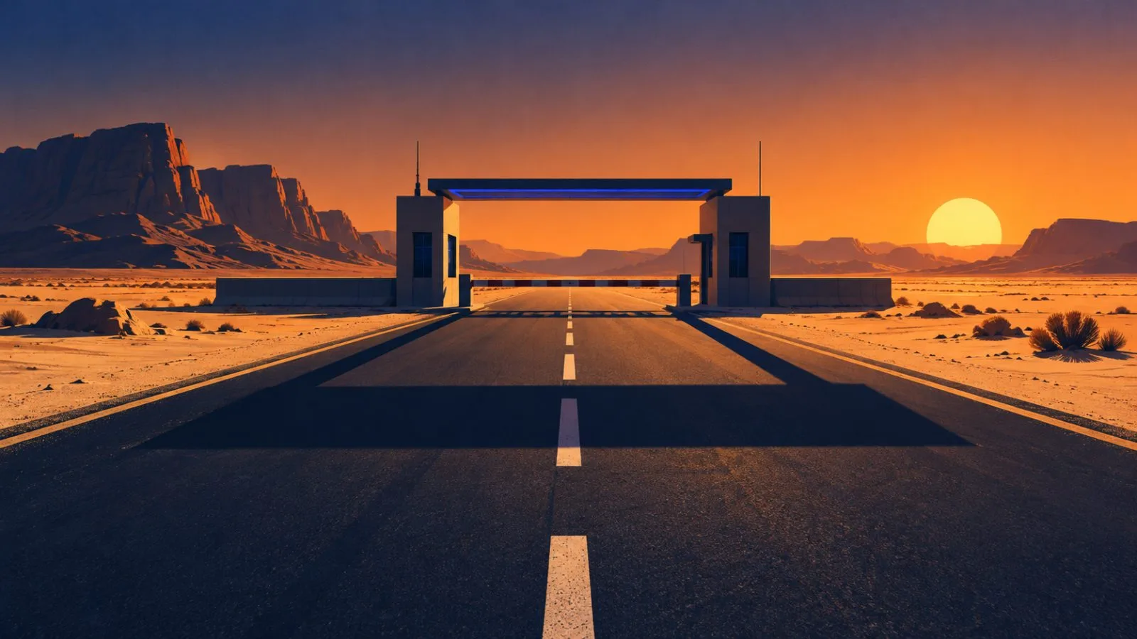 An empty desert road ends at a closed checkpoint in dusk light / TokenPost.ai