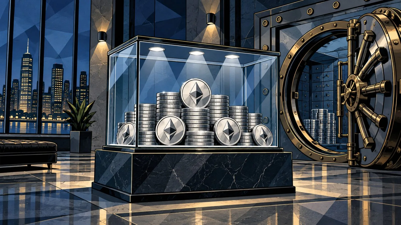 Silver Ethereum coins arranged inside a secure glass display case / TokenPost.ai