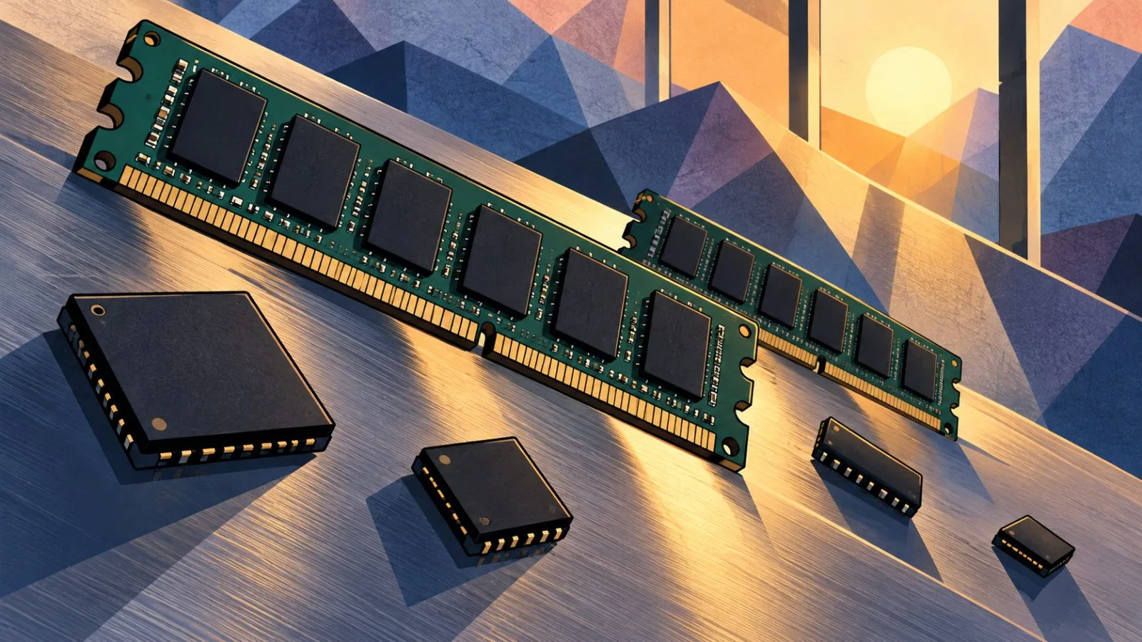 Unbranded memory modules sliding across a tilted metal surface / TokenPost.ai