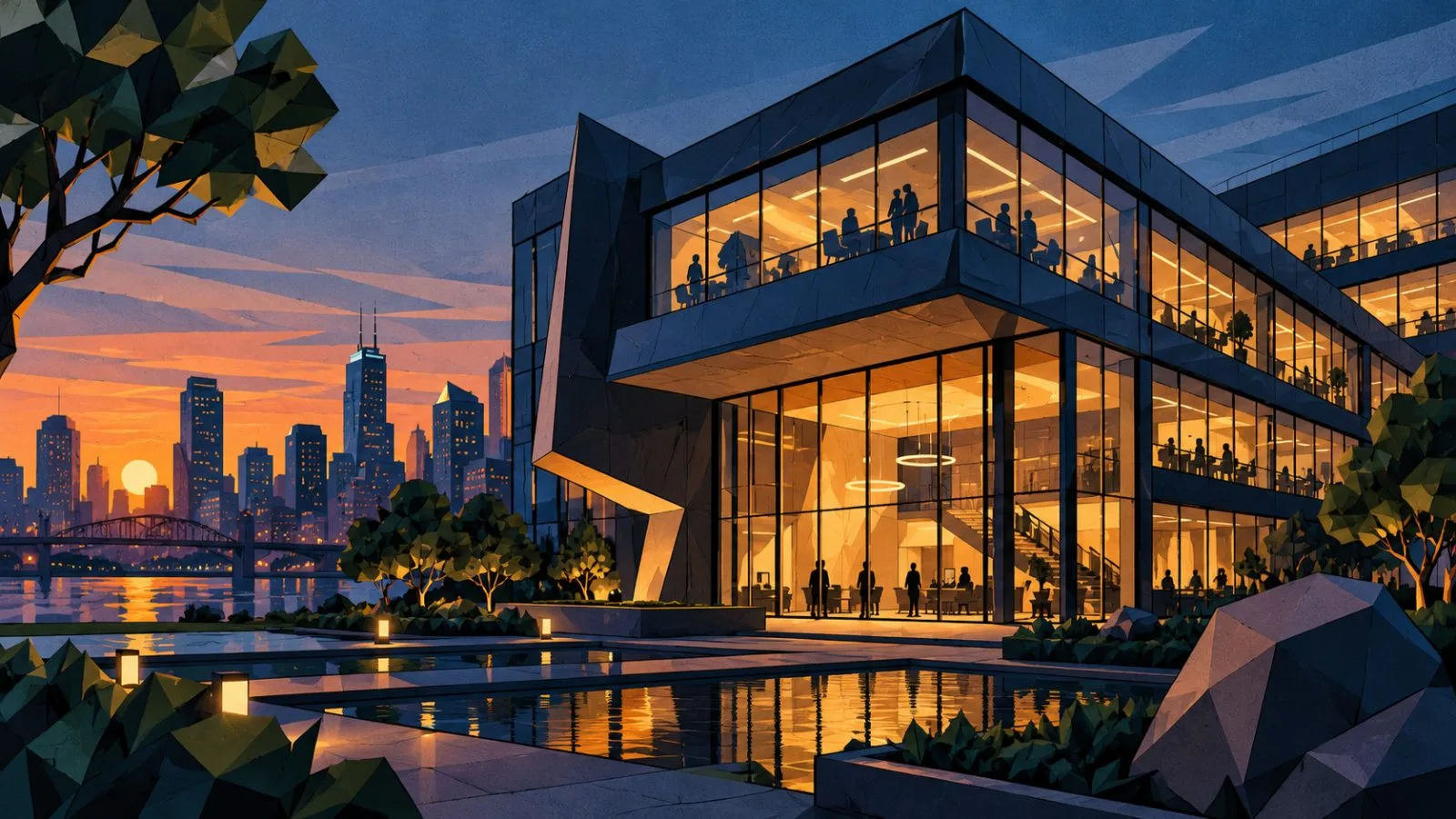 Glass headquarters windows glowing warmly against the evening sky / TokenPost.ai