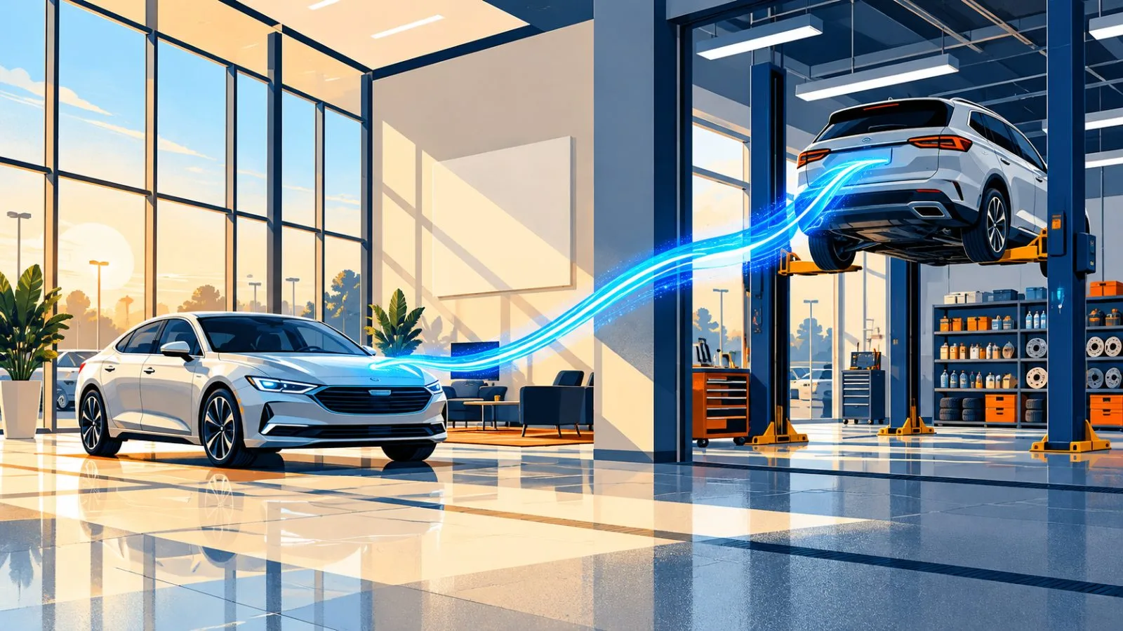 Cars line a quiet showroom beside a brightly lit service bay / TokenPost.ai