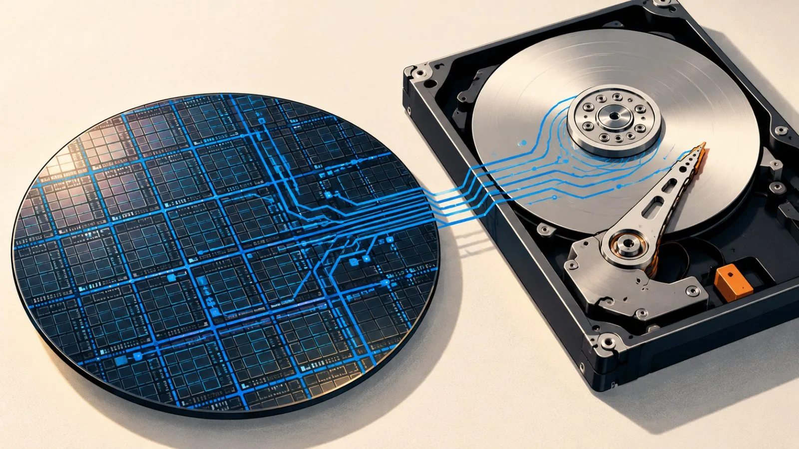 A silicon wafer rests beside an opened hard-drive platter / TokenPost.ai