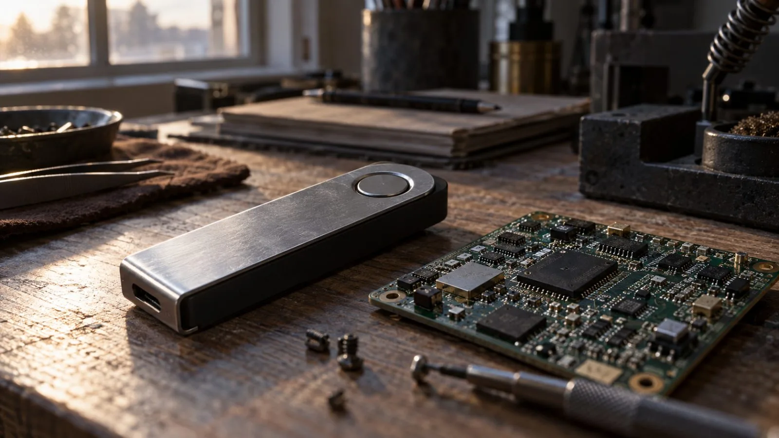 Hardware signing device beside a circuit board in a quiet laboratory / TokenPost.ai