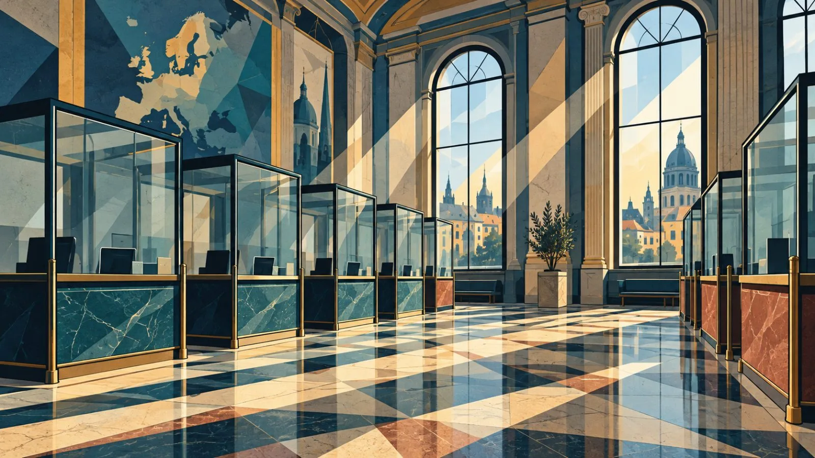 Empty bank lobby divided by glass partitions under morning light / TokenPost.ai