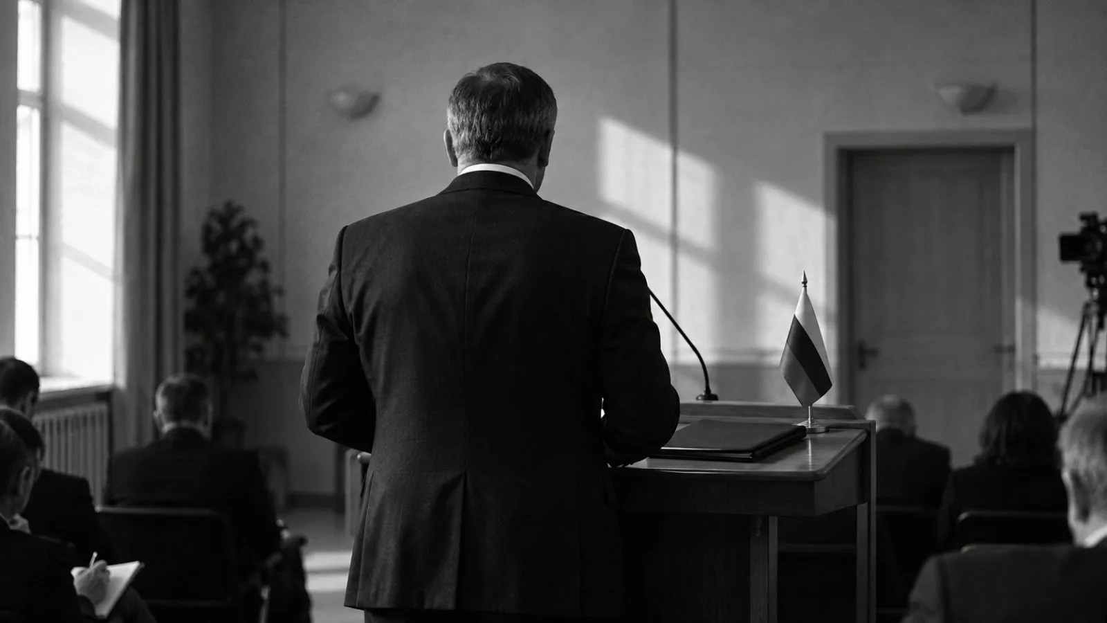 Official silhouette beside a lectern in a government briefing room / TokenPost.ai