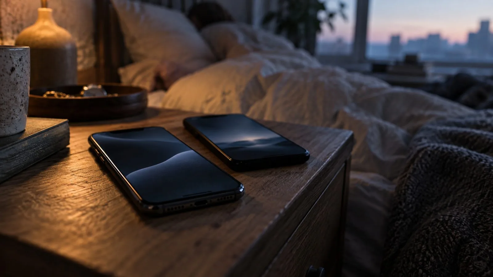 Two smartphones rest on a bedside table in soft morning light / TokenPost.ai