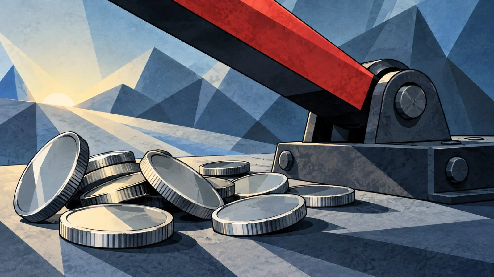Tipped metal tokens beside a partially closed mechanical lever / TokenPost.ai