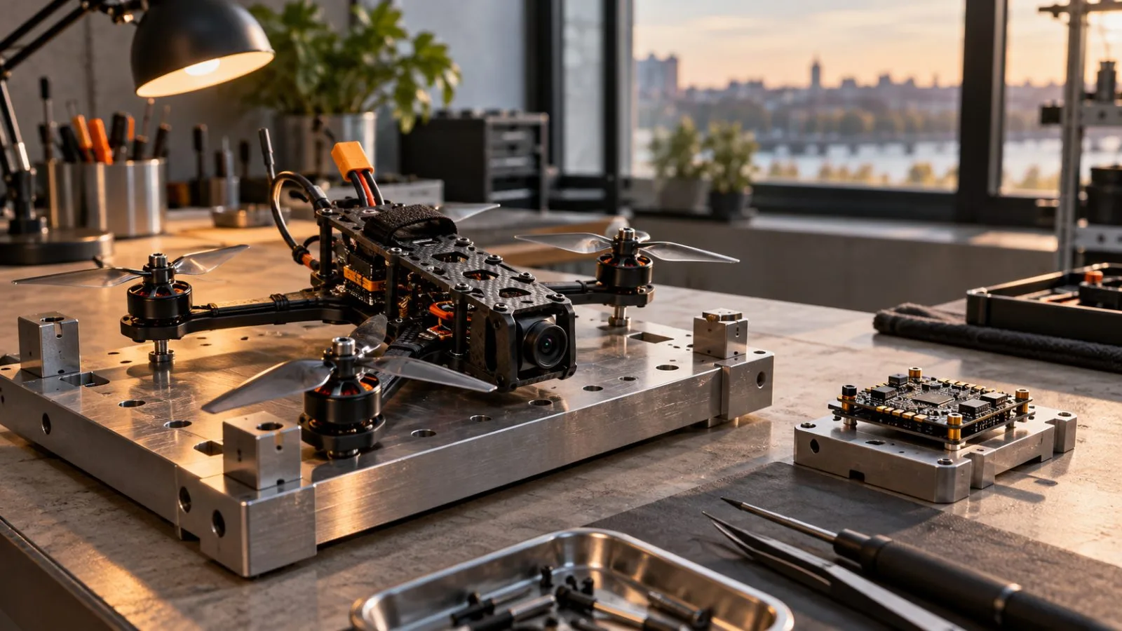 An FPV drone frame rests beside a compact circuit board / TokenPost.ai