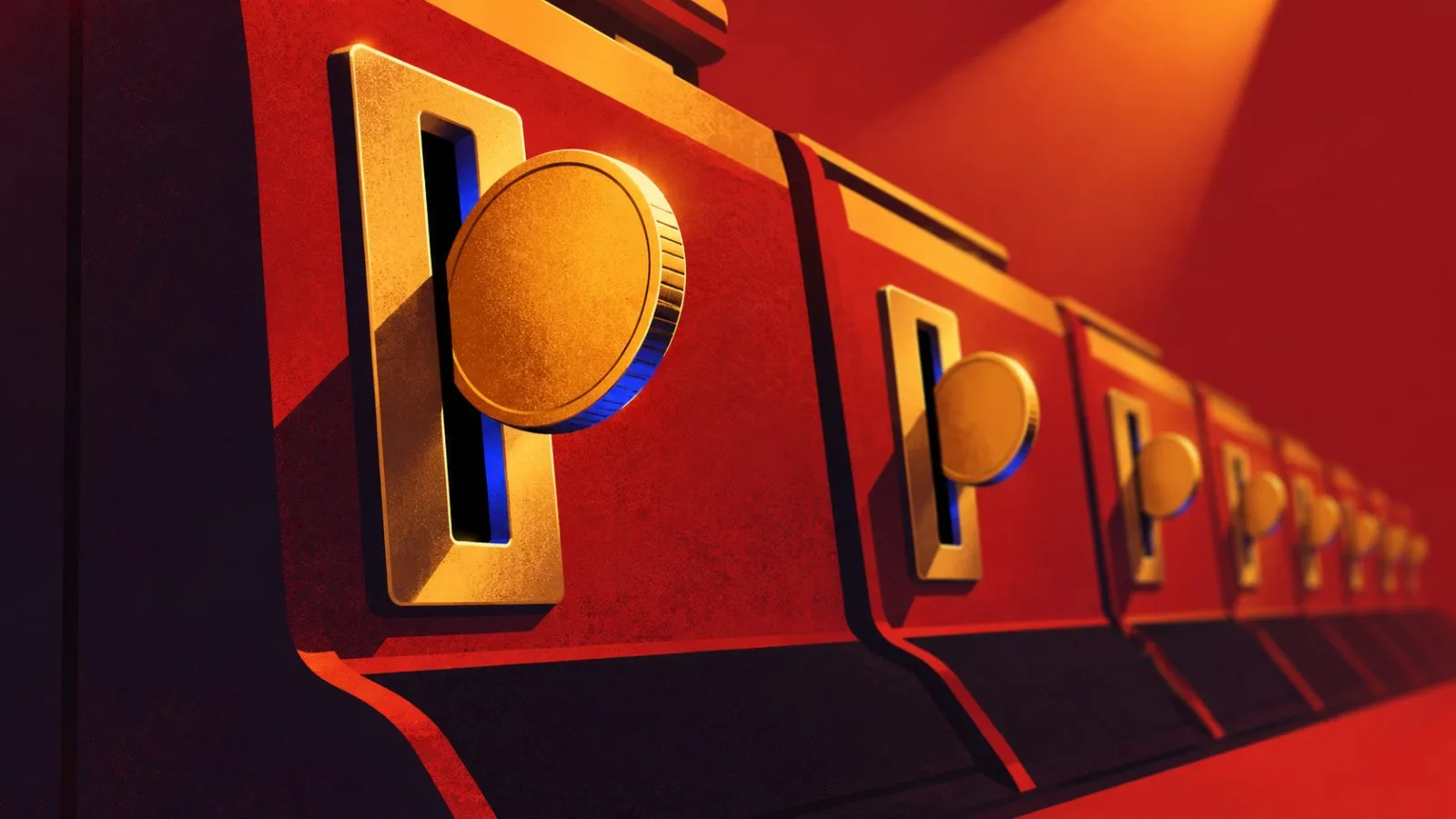 An unmarked coin rests beside a row of arcade-style machines / TokenPost.ai