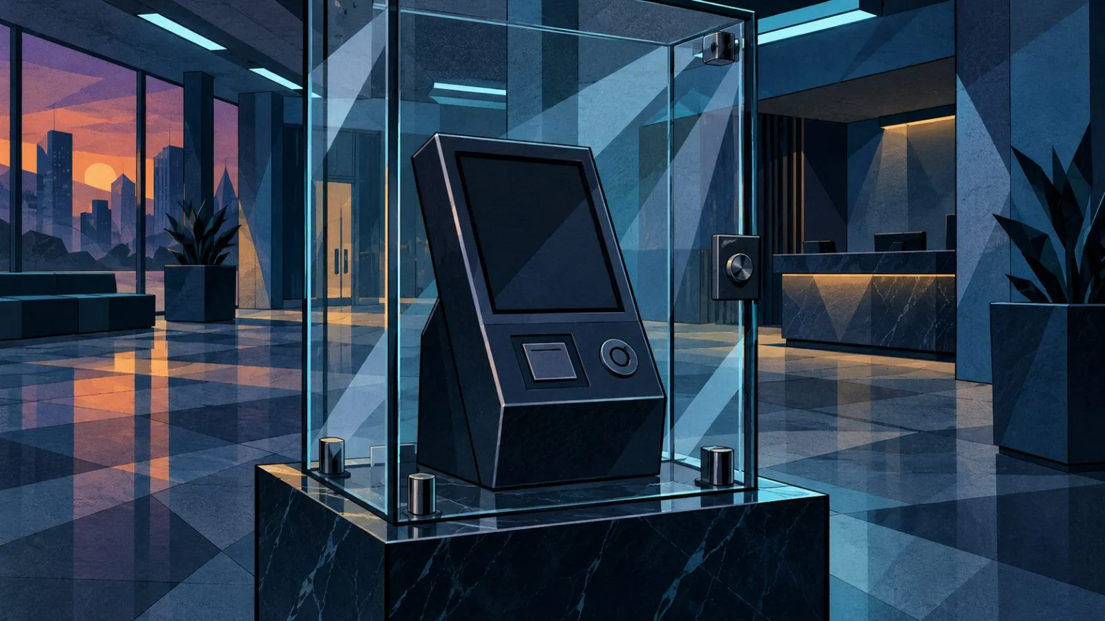 Sealed payment terminal inside an empty financial-services lobby / TokenPost.ai