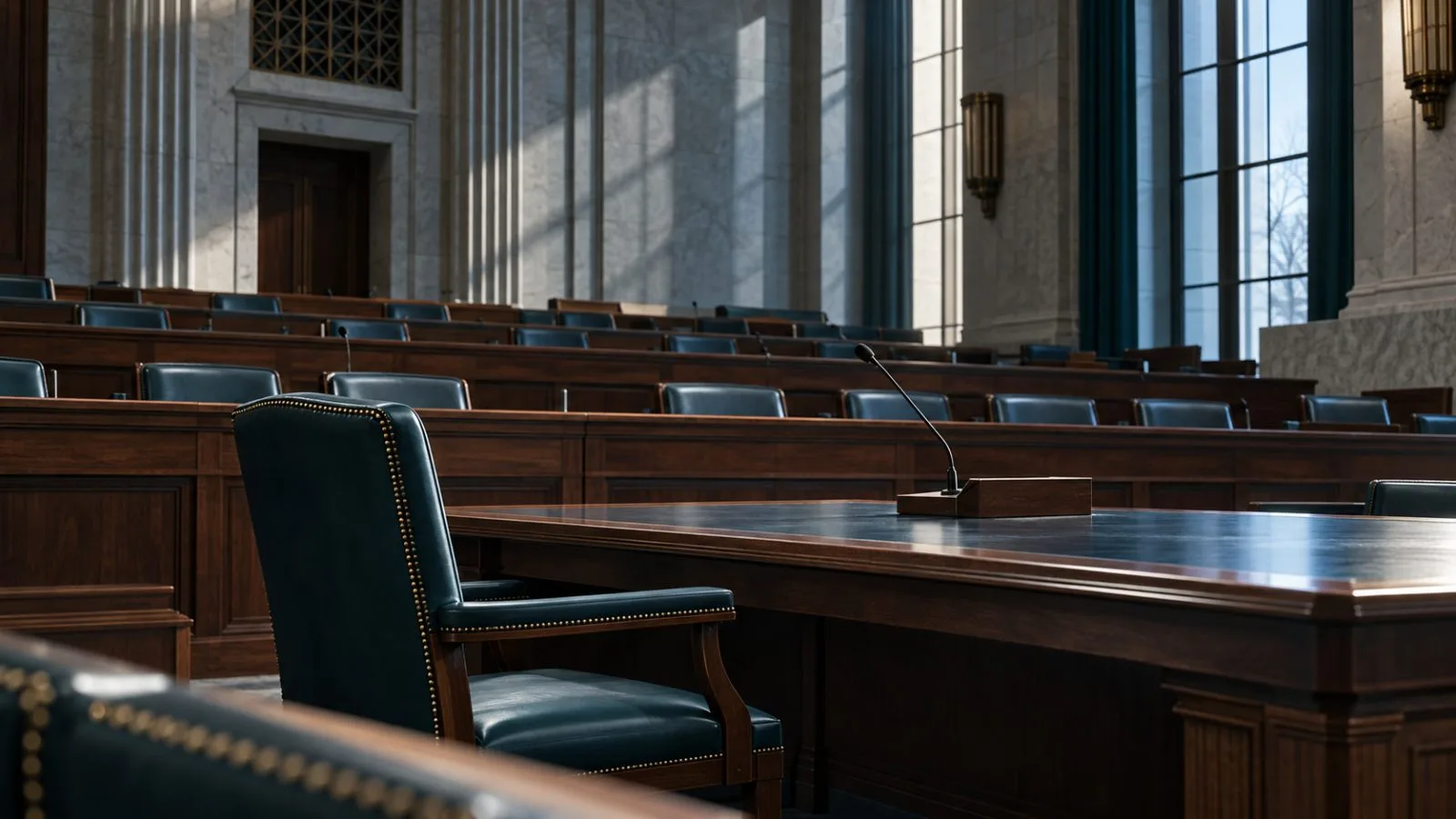 A microphone stands before empty rows of congressional hearing seats / TokenPost.ai