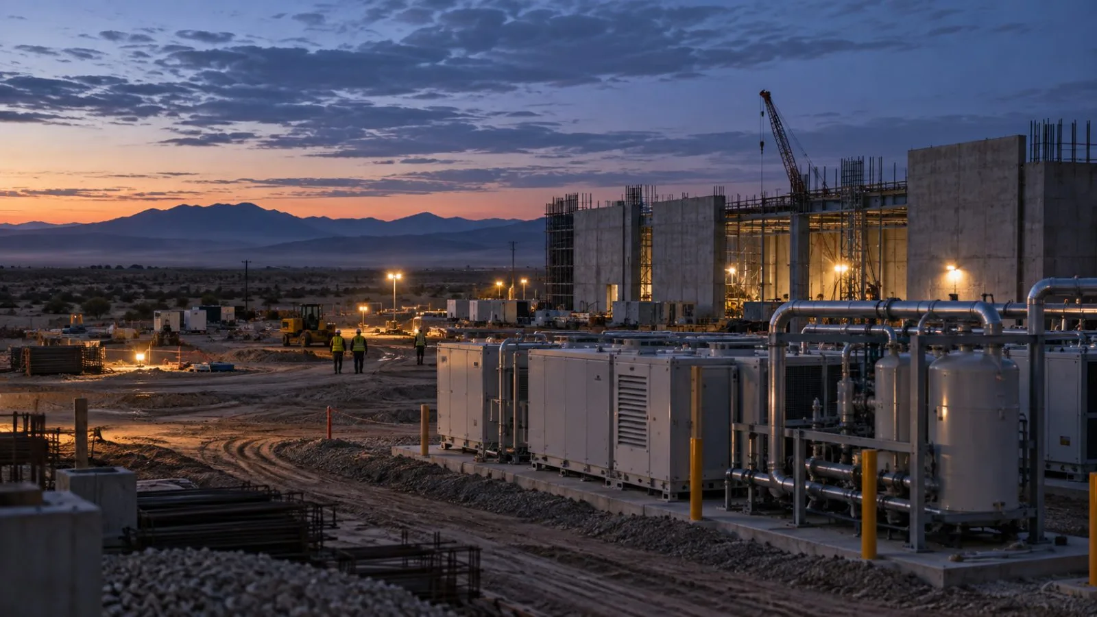Fuel-cell equipment beside an unfinished data center at dawn / TokenPost.ai