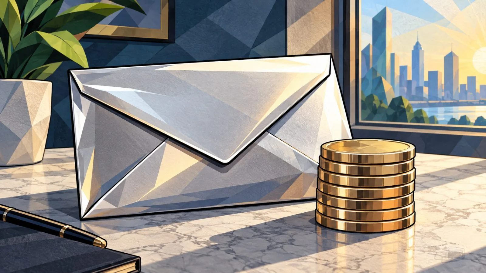 Silver envelope beside stacked financial tokens in morning light / TokenPost.ai