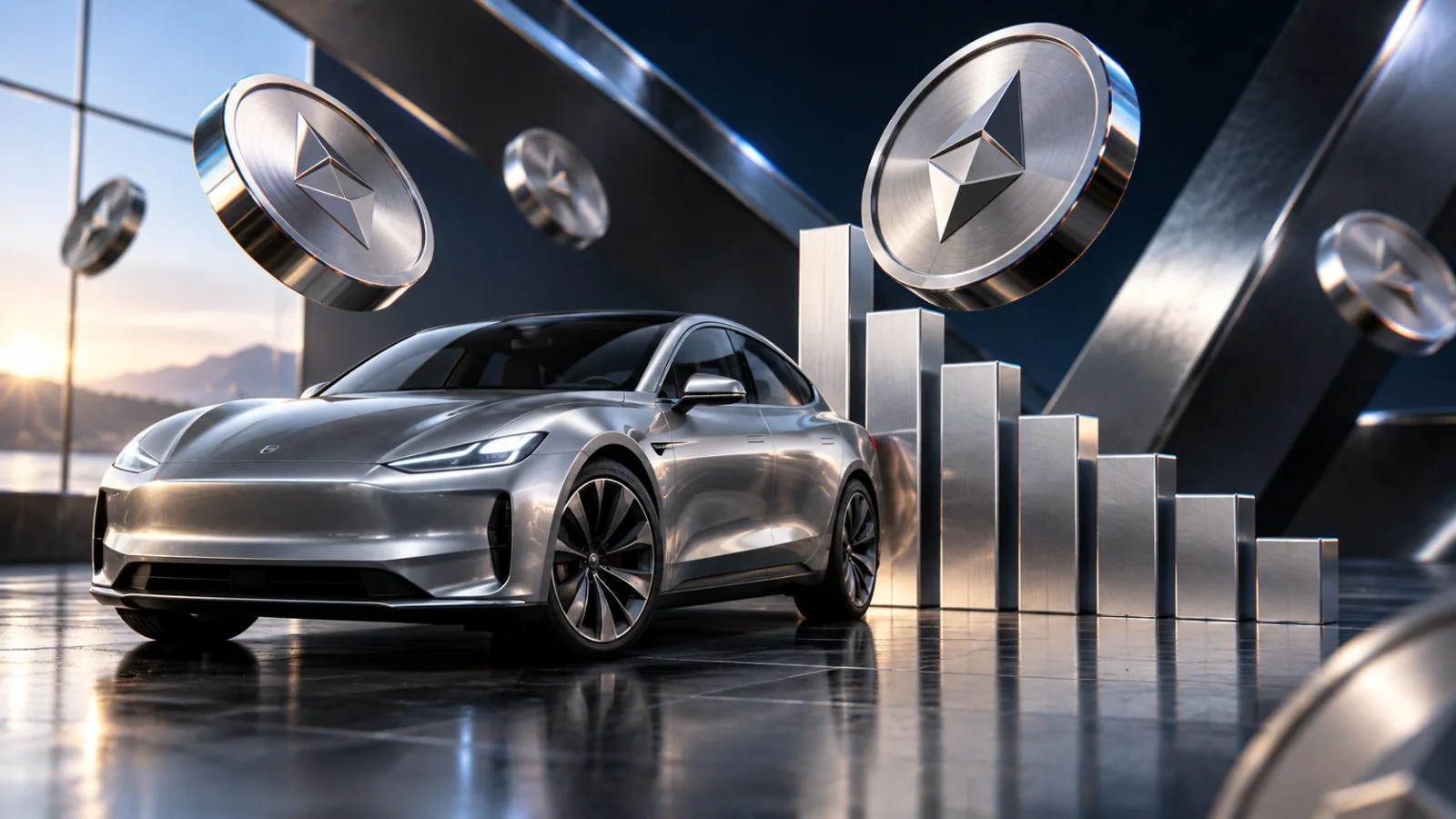 A silver roadster rests beneath warm exhibition lights / TokenPost.ai