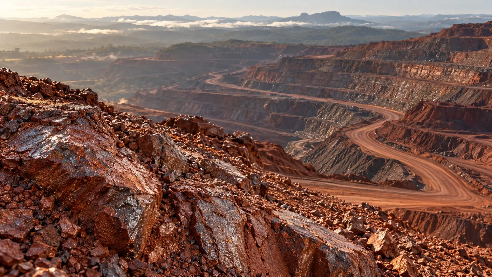 Terraced iron ore benches descend toward a winding mine road / TokenPost.ai