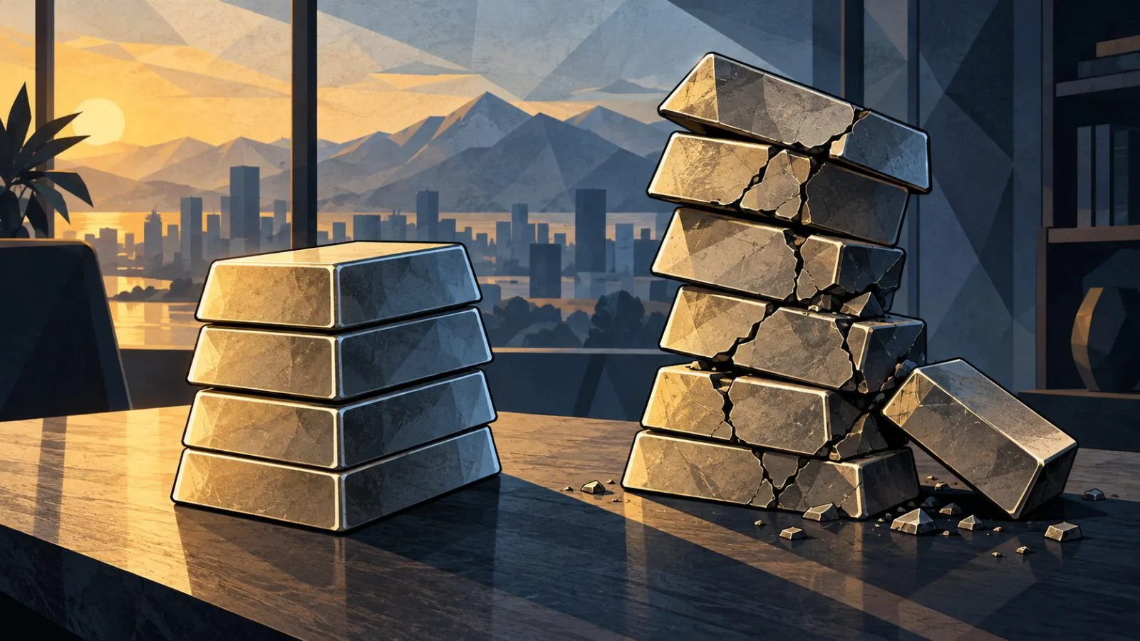 Uneven metal bars form two contrasting credit stacks / TokenPost.ai