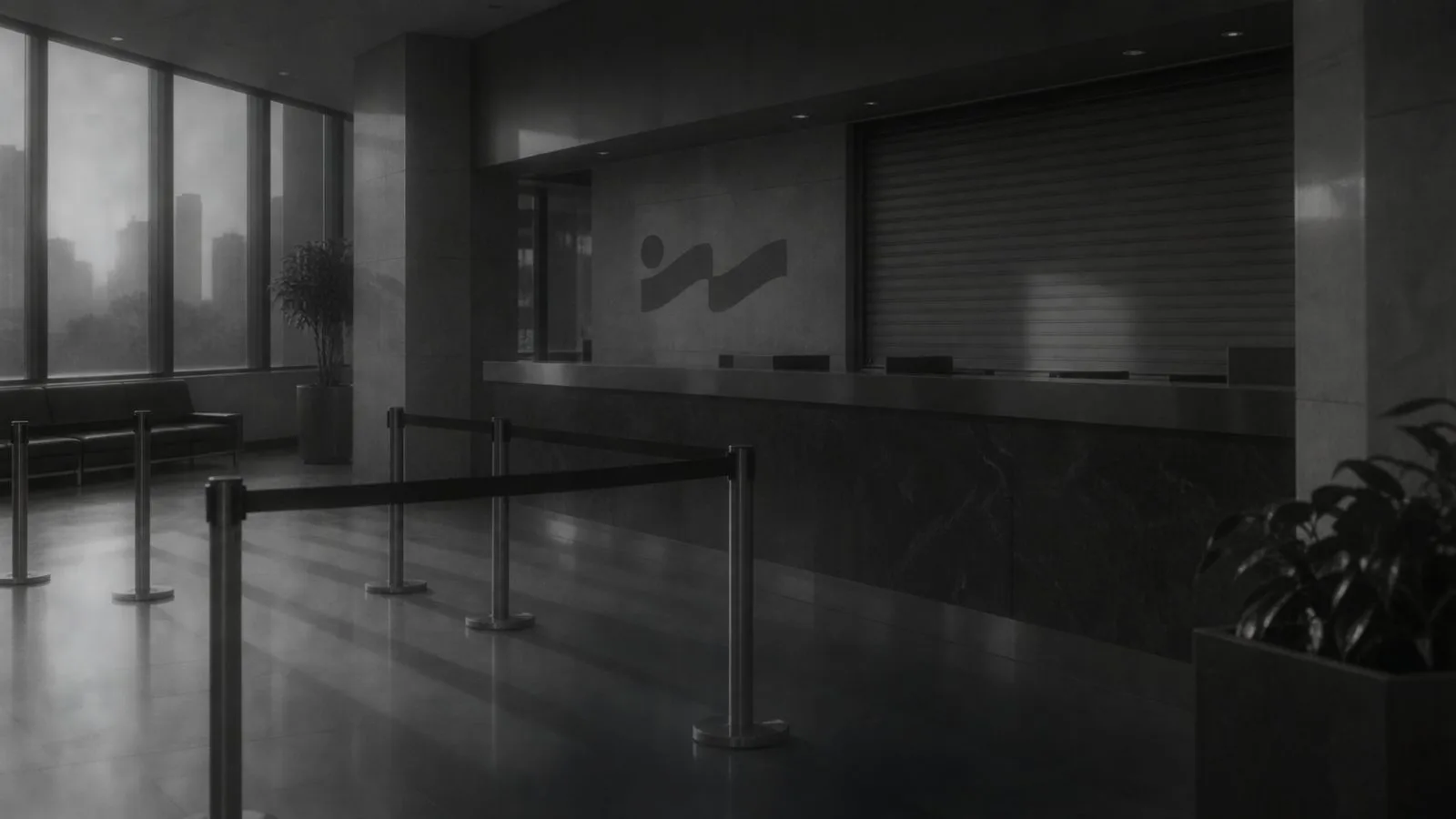 Closed service counter inside an empty exchange lobby / TokenPost.ai