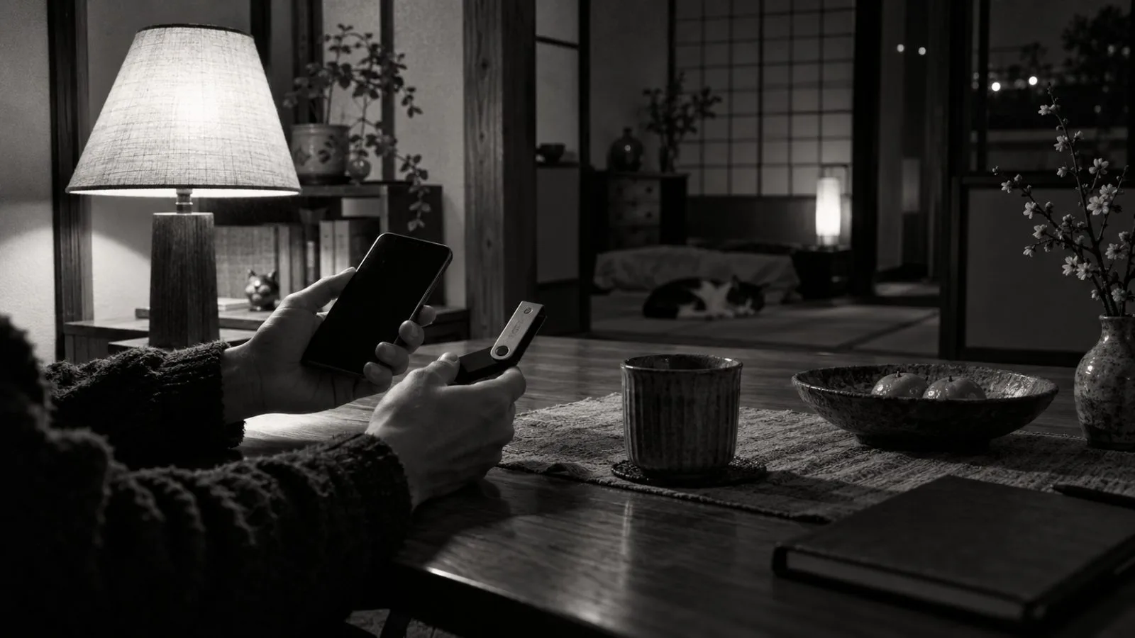Hands hold a smartphone beside a cryptocurrency hardware wallet / TokenPost.ai