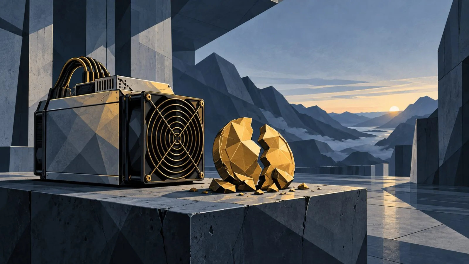 ASIC mining equipment stands beside a fractured Bitcoin coin / TokenPost.ai