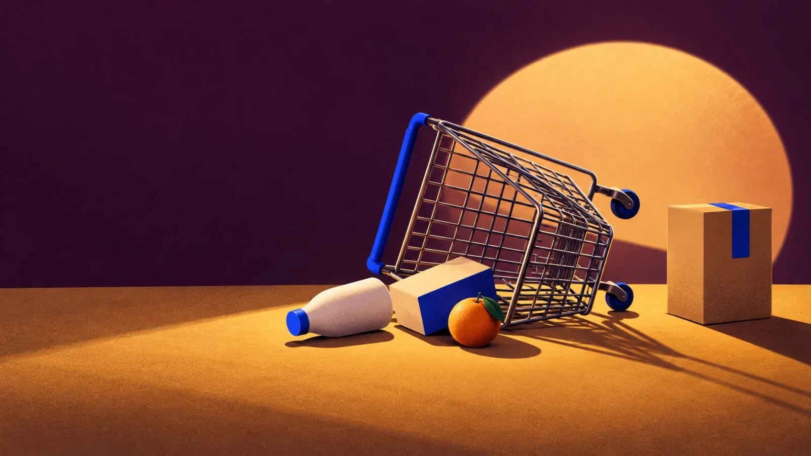 A tilted shopping cart spills groceries beside a plain parcel / TokenPost.ai