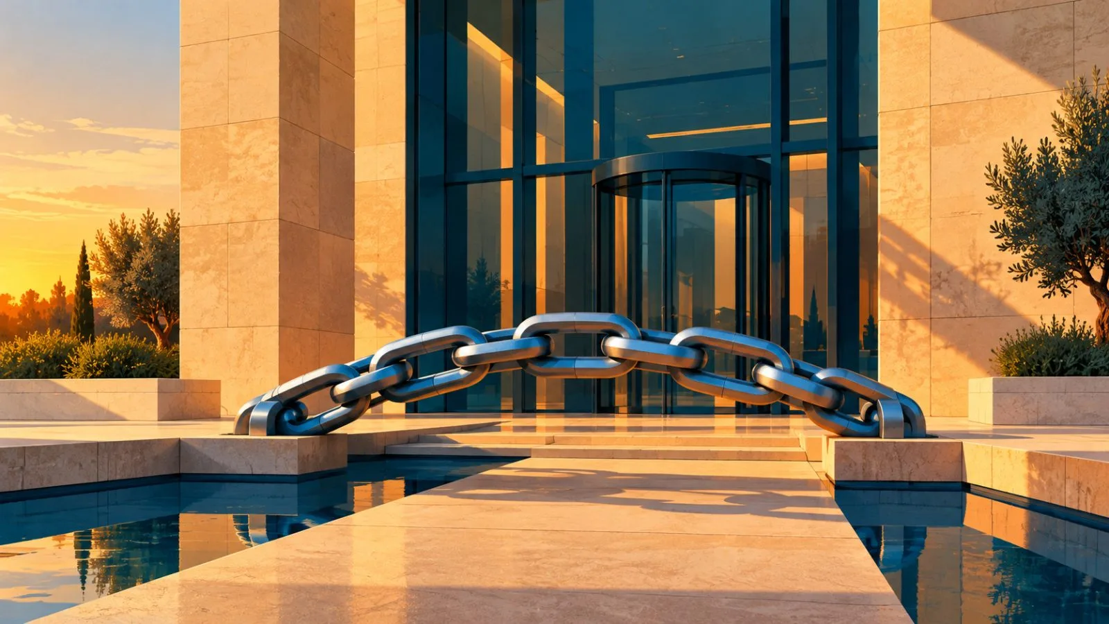 Interlocking steel links bridge a gap at a bank entrance / TokenPost.ai