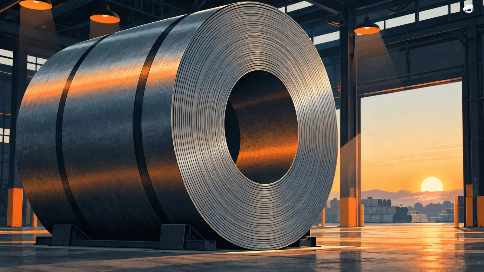 A steel coil catches warm light inside a quiet mill warehouse / TokenPost.ai
