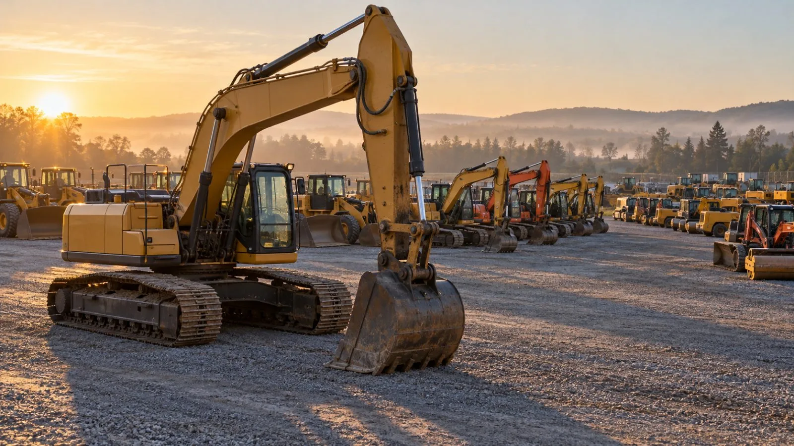 An excavator stands among rental equipment in morning light / TokenPost.ai