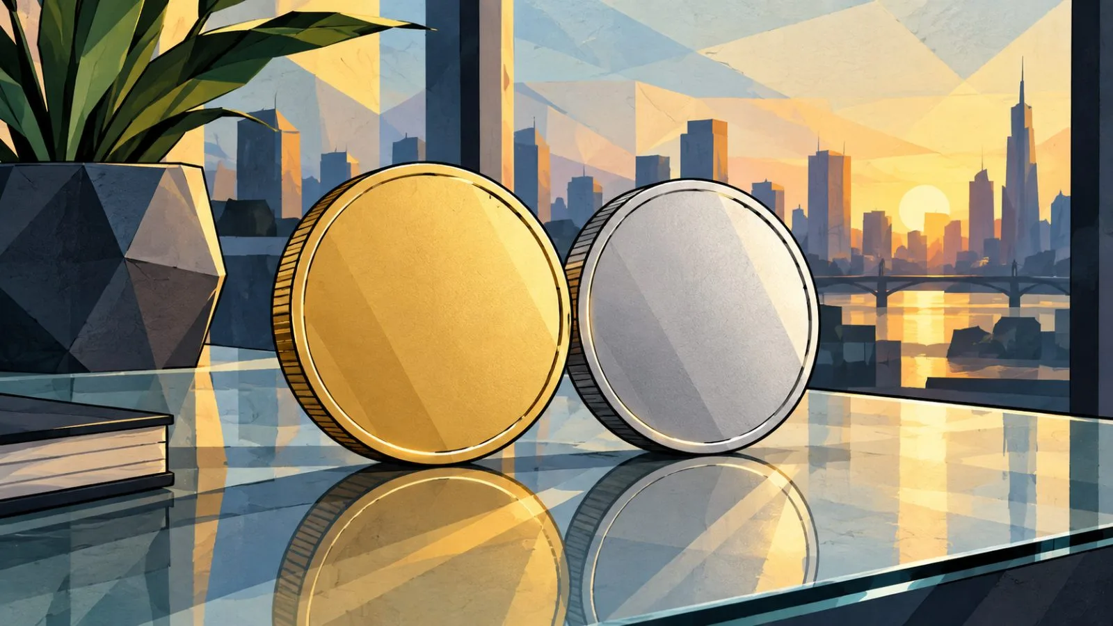 Two metallic tokens rest on a reflective glass surface / TokenPost.ai