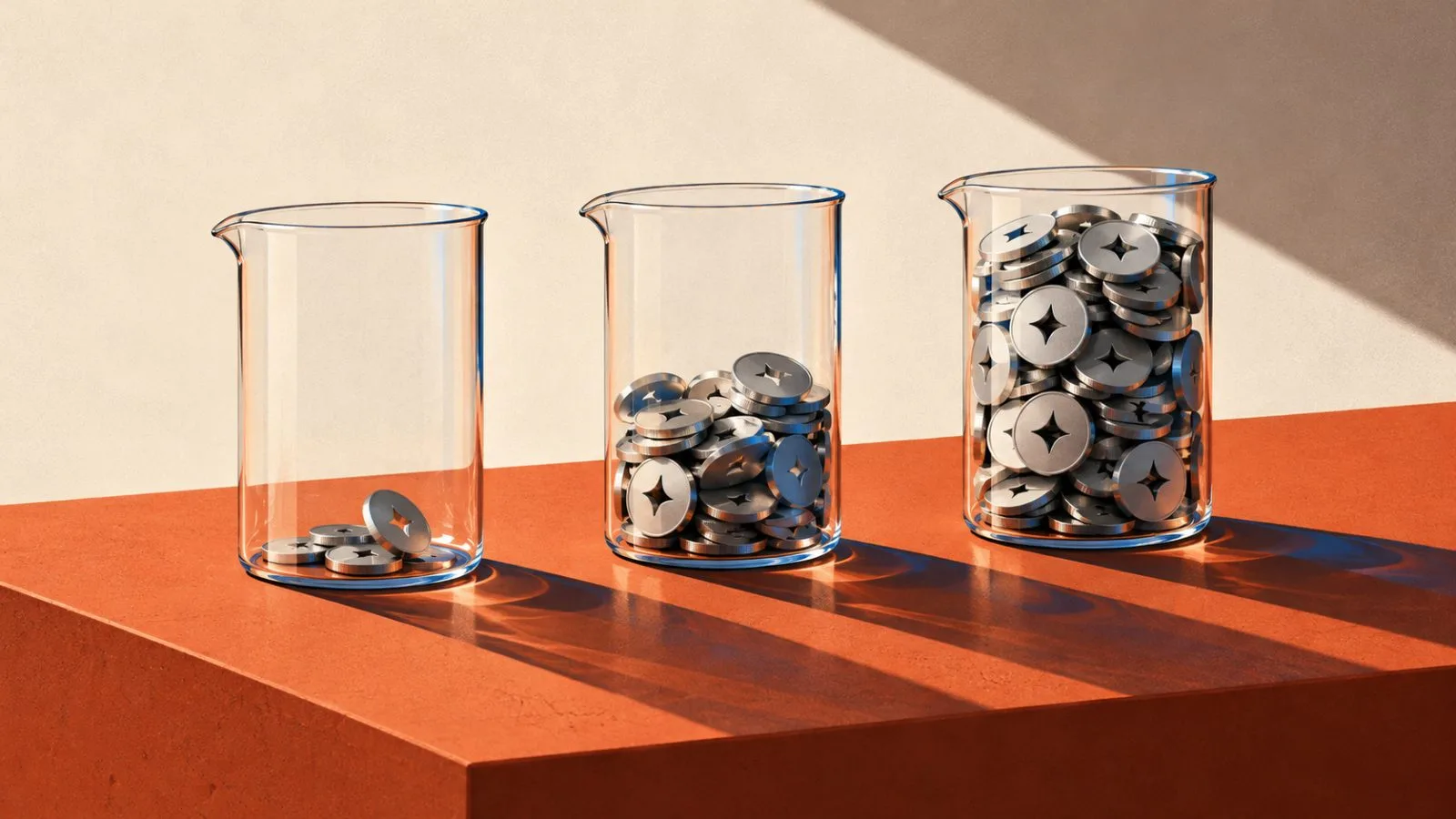 Unbranded metal tokens sit in three clear measuring vessels / TokenPost.ai