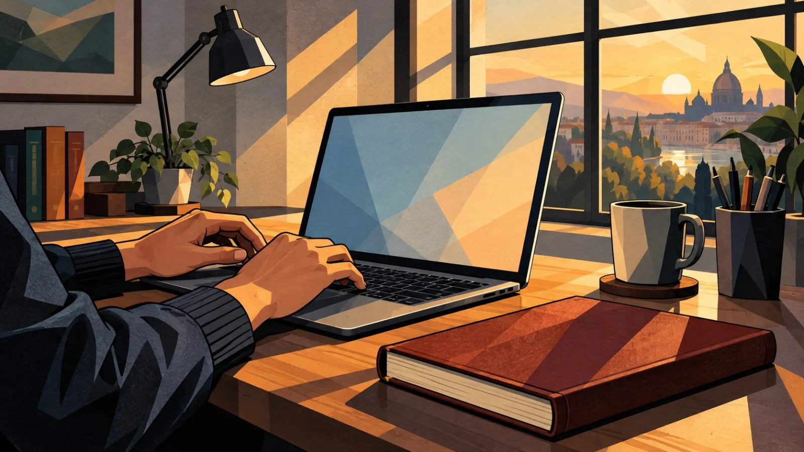Anonymous hands pause over a laptop beside a closed hardcover book / TokenPost.ai