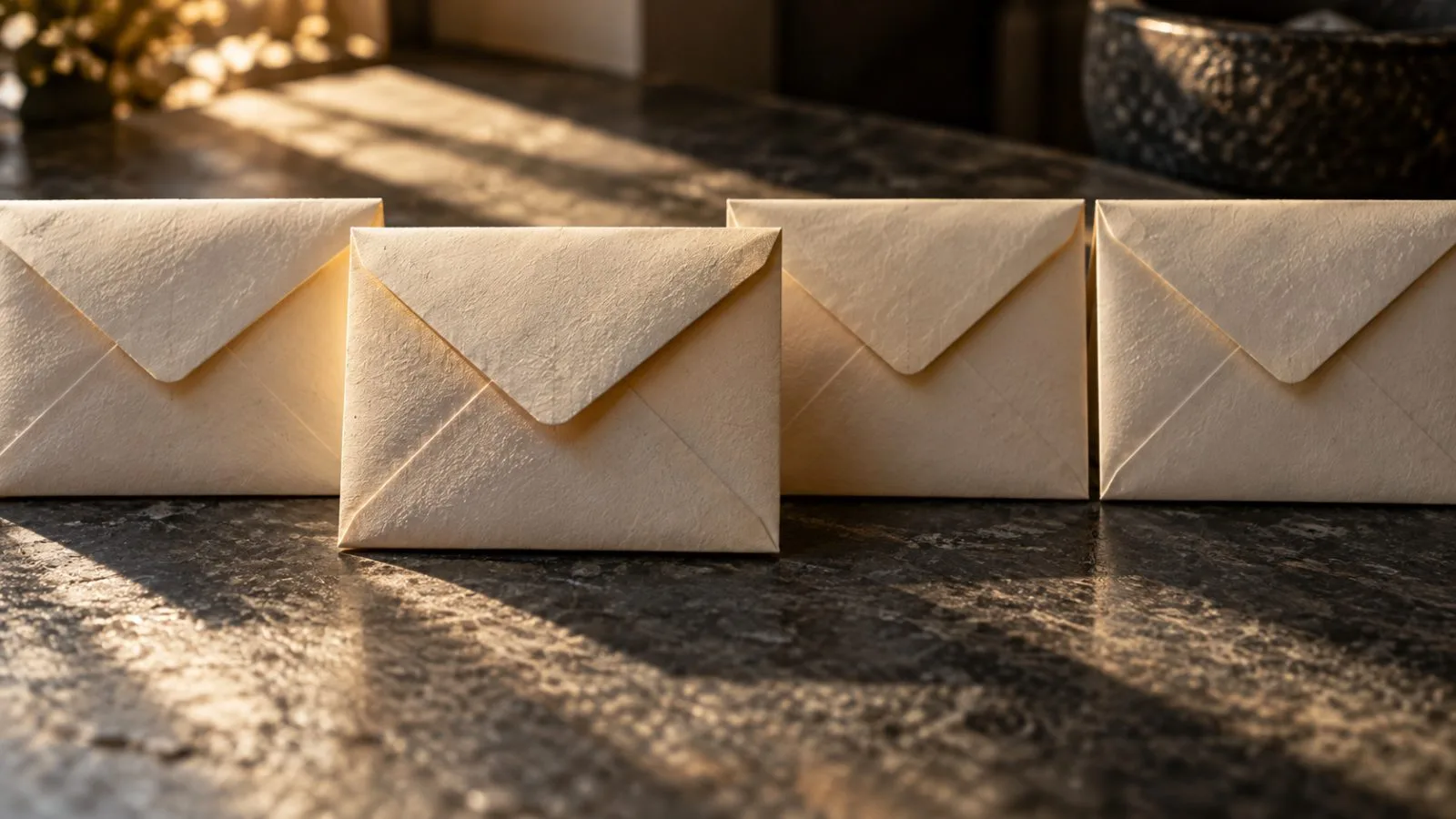 Four unmarked envelopes lined along a dark stone counter / TokenPost.ai