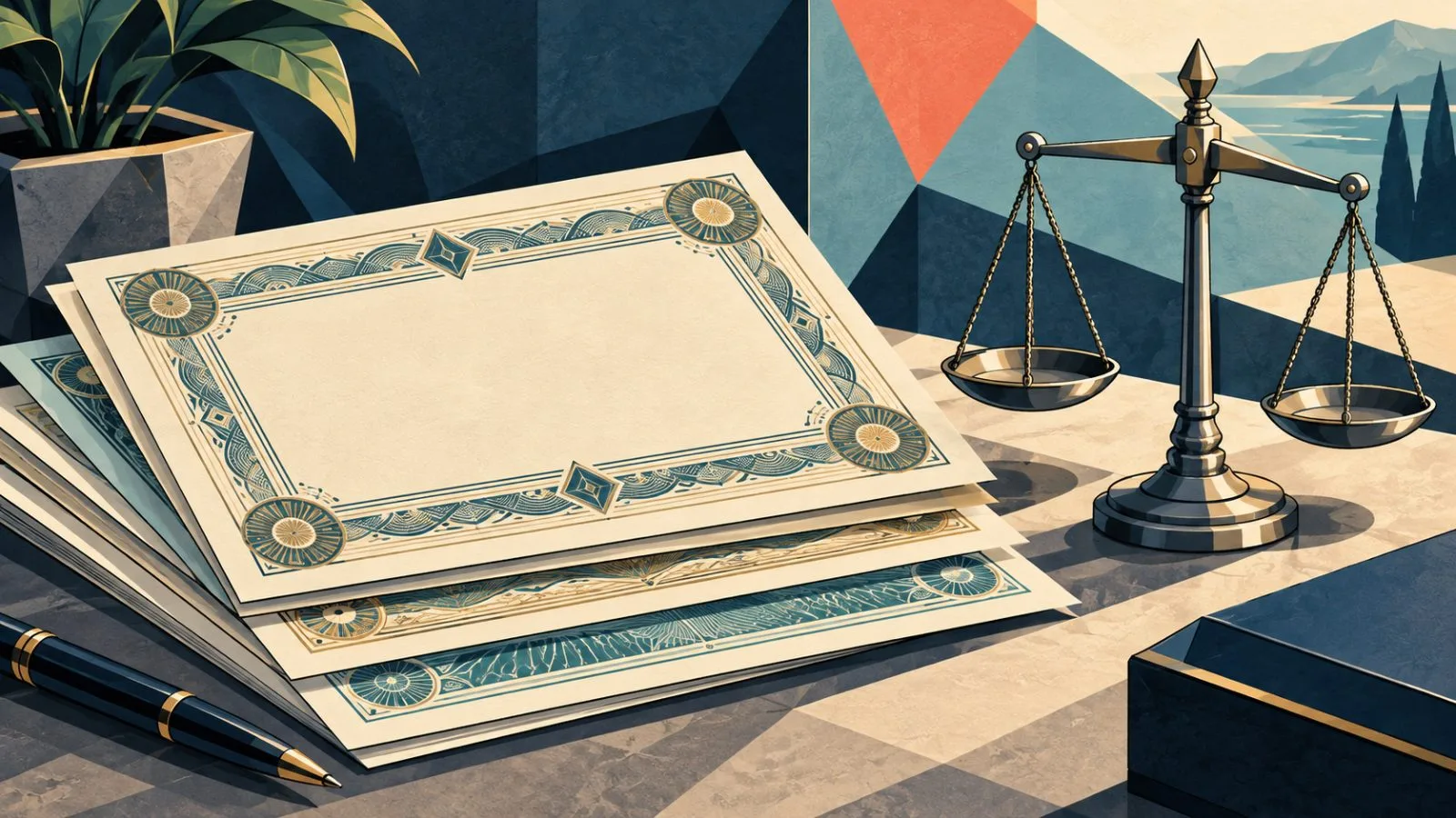 Investment certificates arranged beside a balanced metallic scale / TokenPost.ai