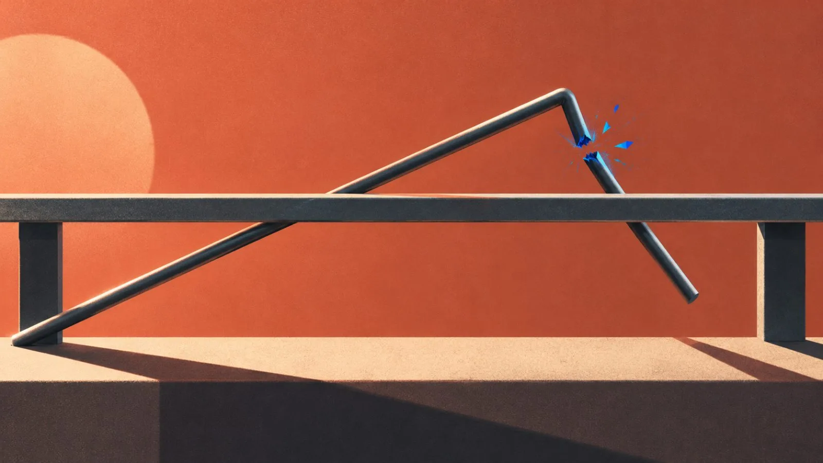 A steel line dips beneath a rising metal guide / TokenPost.ai