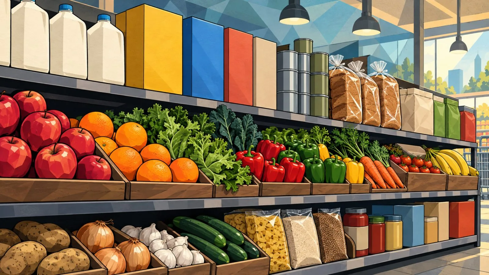 Produce and packaged goods line a brightly lit grocery aisle / TokenPost.ai