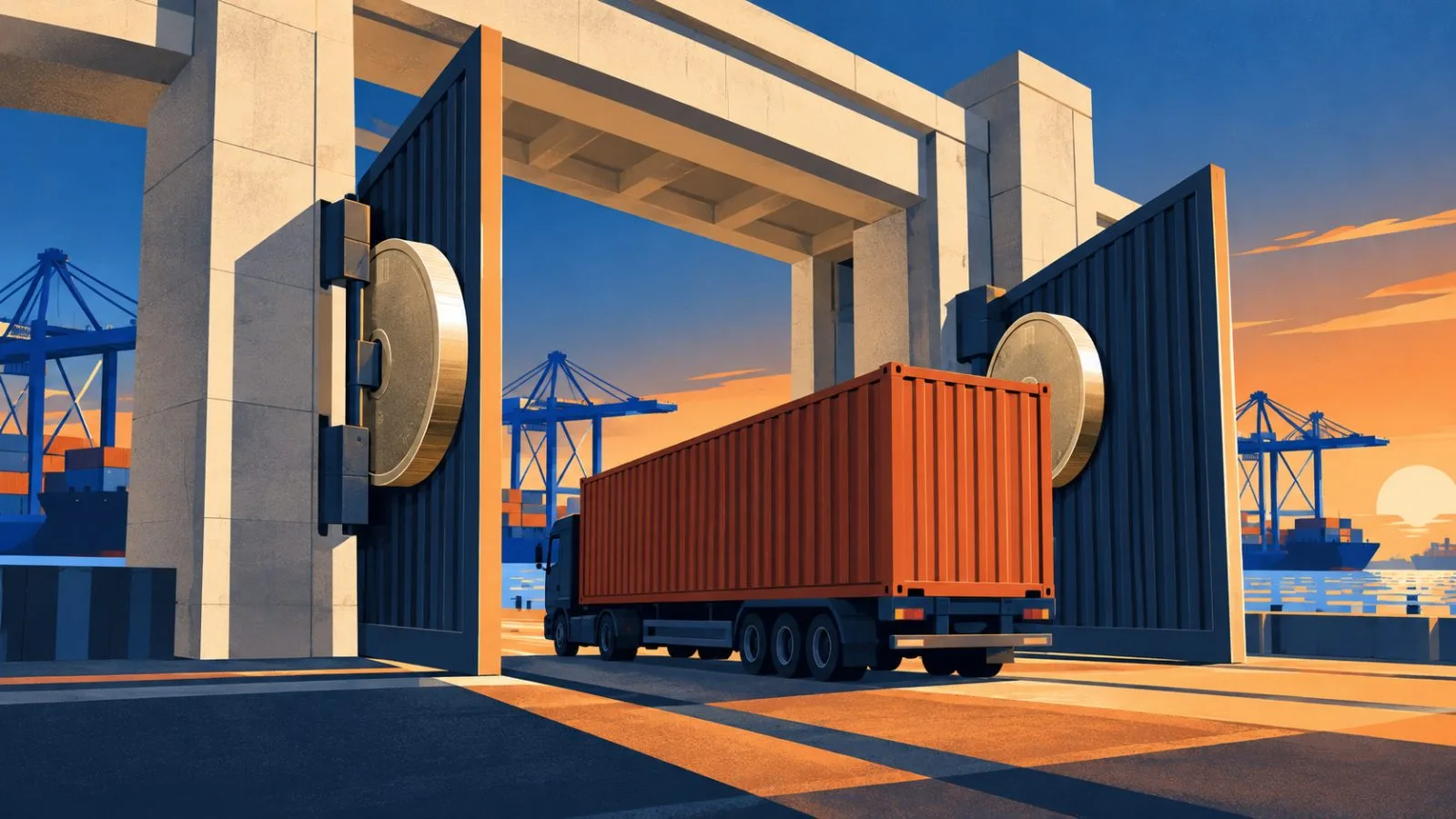 A cargo container passes through a sunlit port customs gate / TokenPost.ai