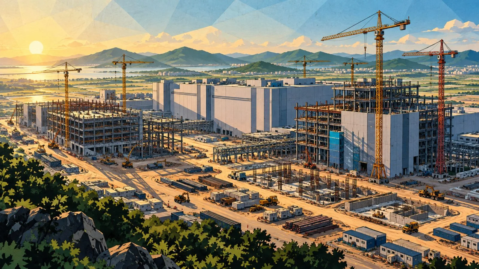 Cranes rise beside unfinished semiconductor factory buildings at dawn / TokenPost.ai