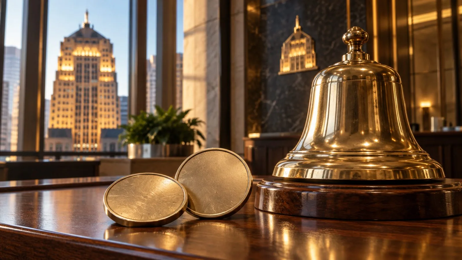 Plain token medallions displayed beside an exchange bell / TokenPost.ai