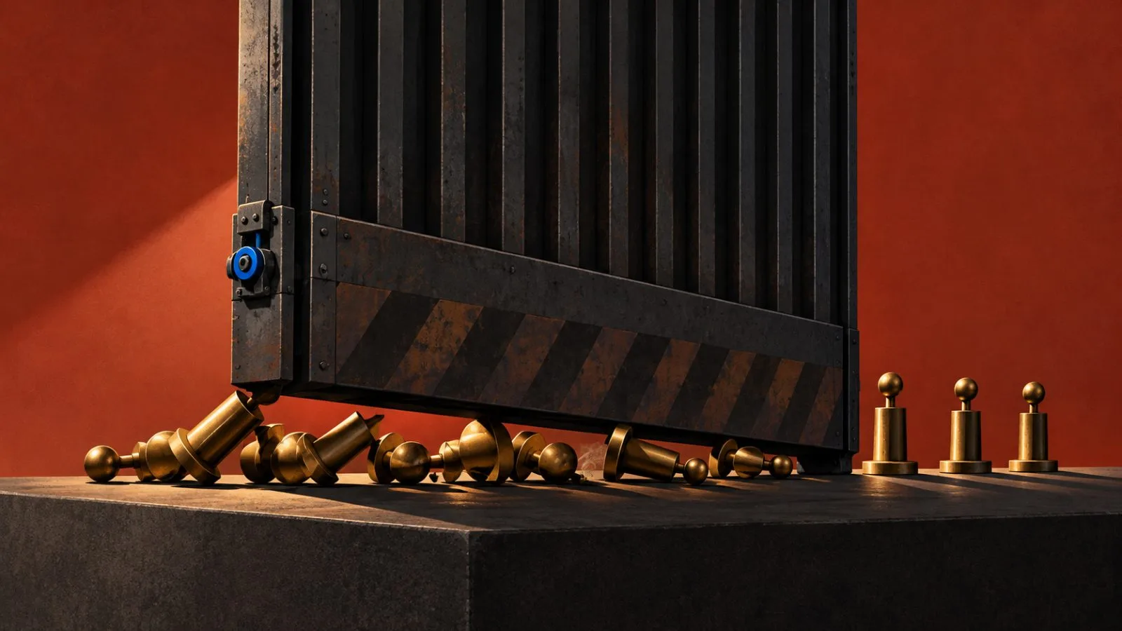 Brass position markers tipped beside a steel liquidation gate / TokenPost.ai