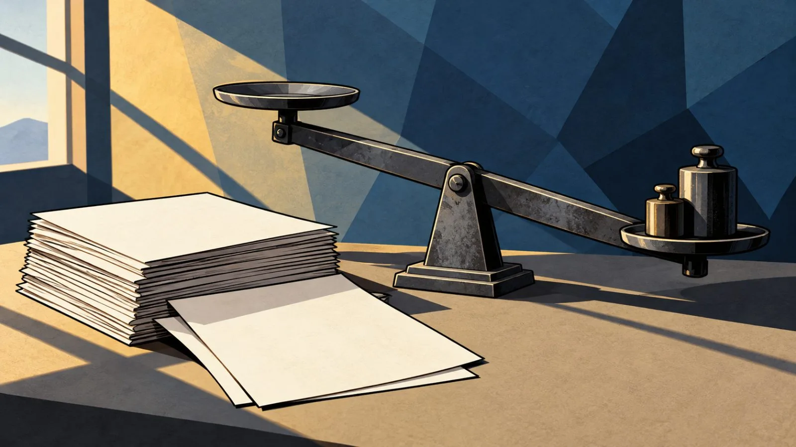 Unmarked contract slips beside a lowered metal balance arm / TokenPost.ai