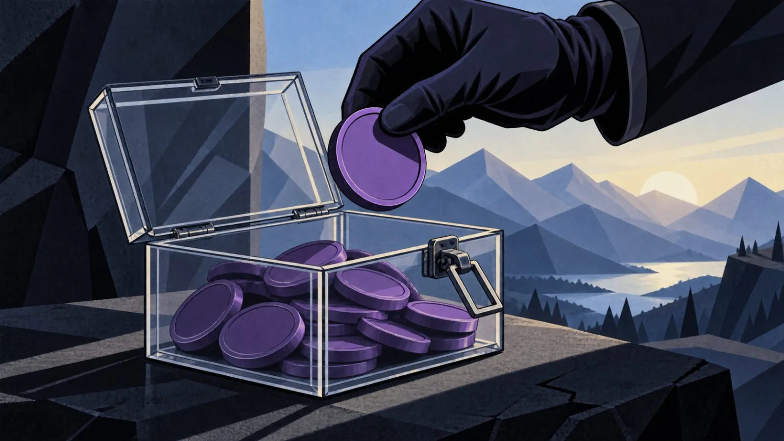 Purple coin lifted from a transparent staking lockbox / TokenPost.ai