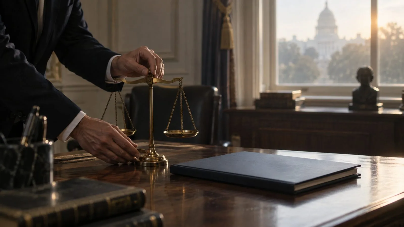 Brass balance scale beside a closed briefing folder / TokenPost.ai