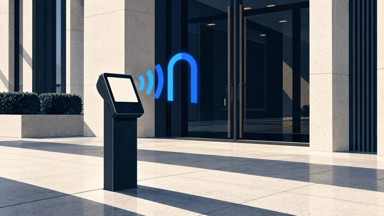 An unmarked payment terminal stands before a glass conference venue / TokenPost.ai