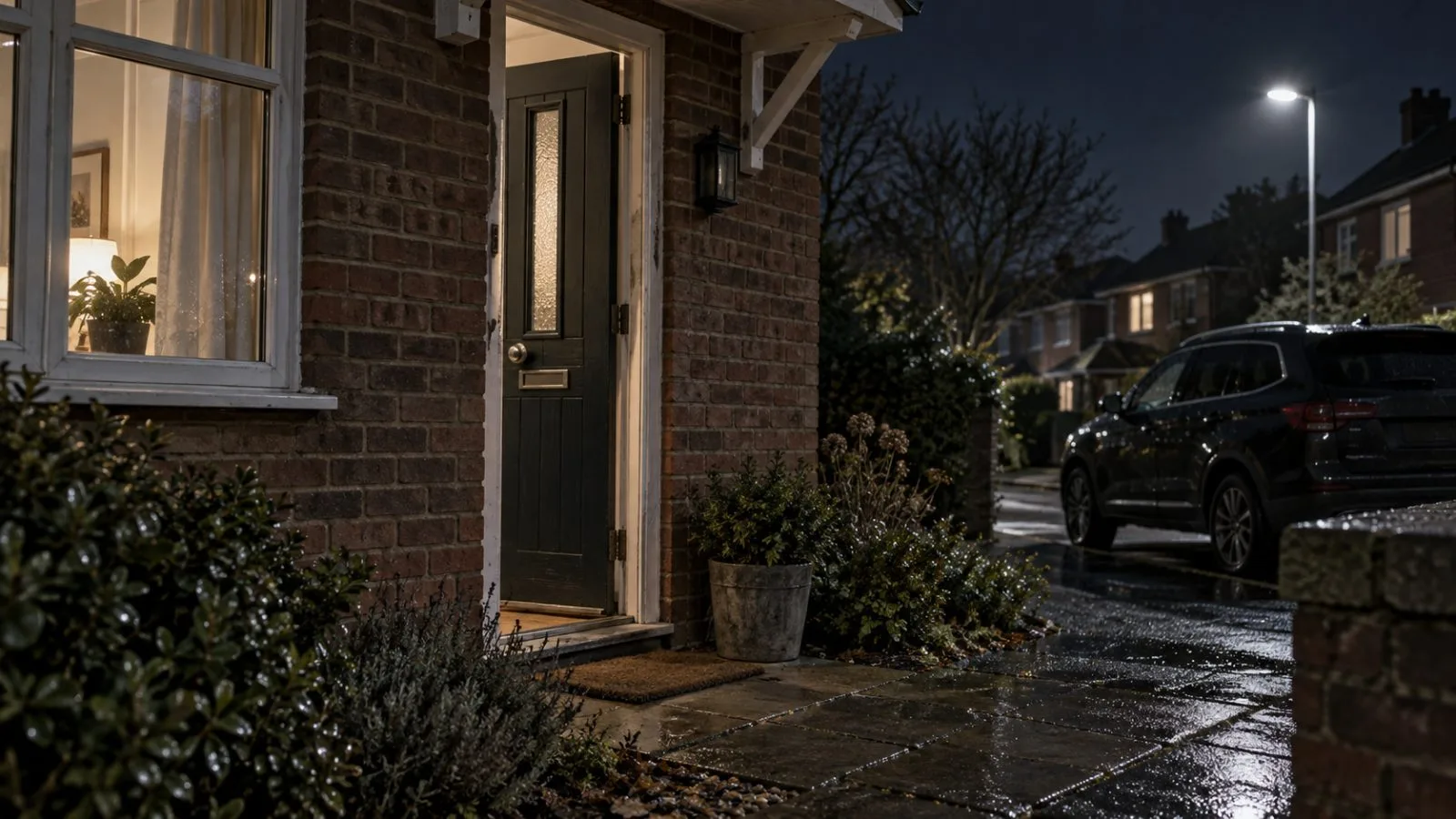 A quiet residential doorway beside a dark SUV at night / TokenPost.ai