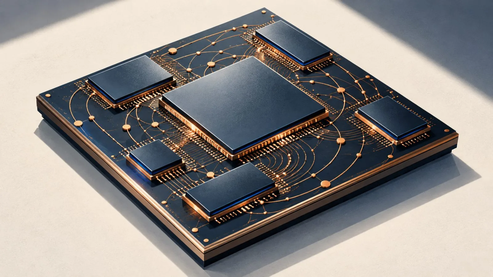Layered chiplets sit on a silicon interposer under inspection light / TokenPost.ai