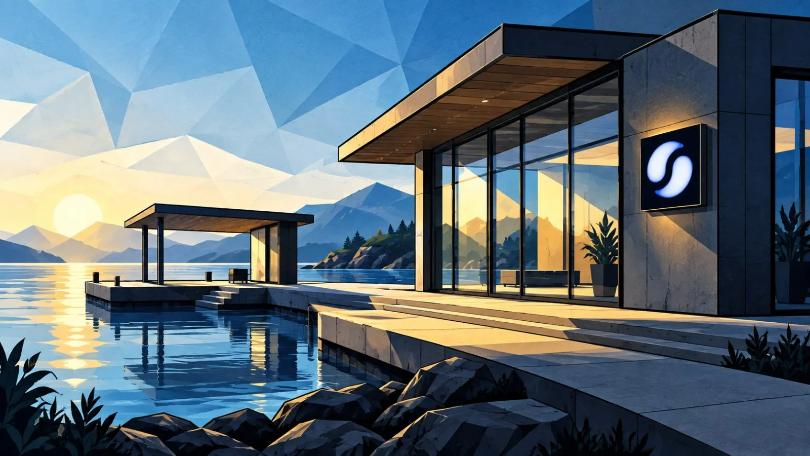 An empty pavilion beside a glass waterfront building in morning light / TokenPost.ai