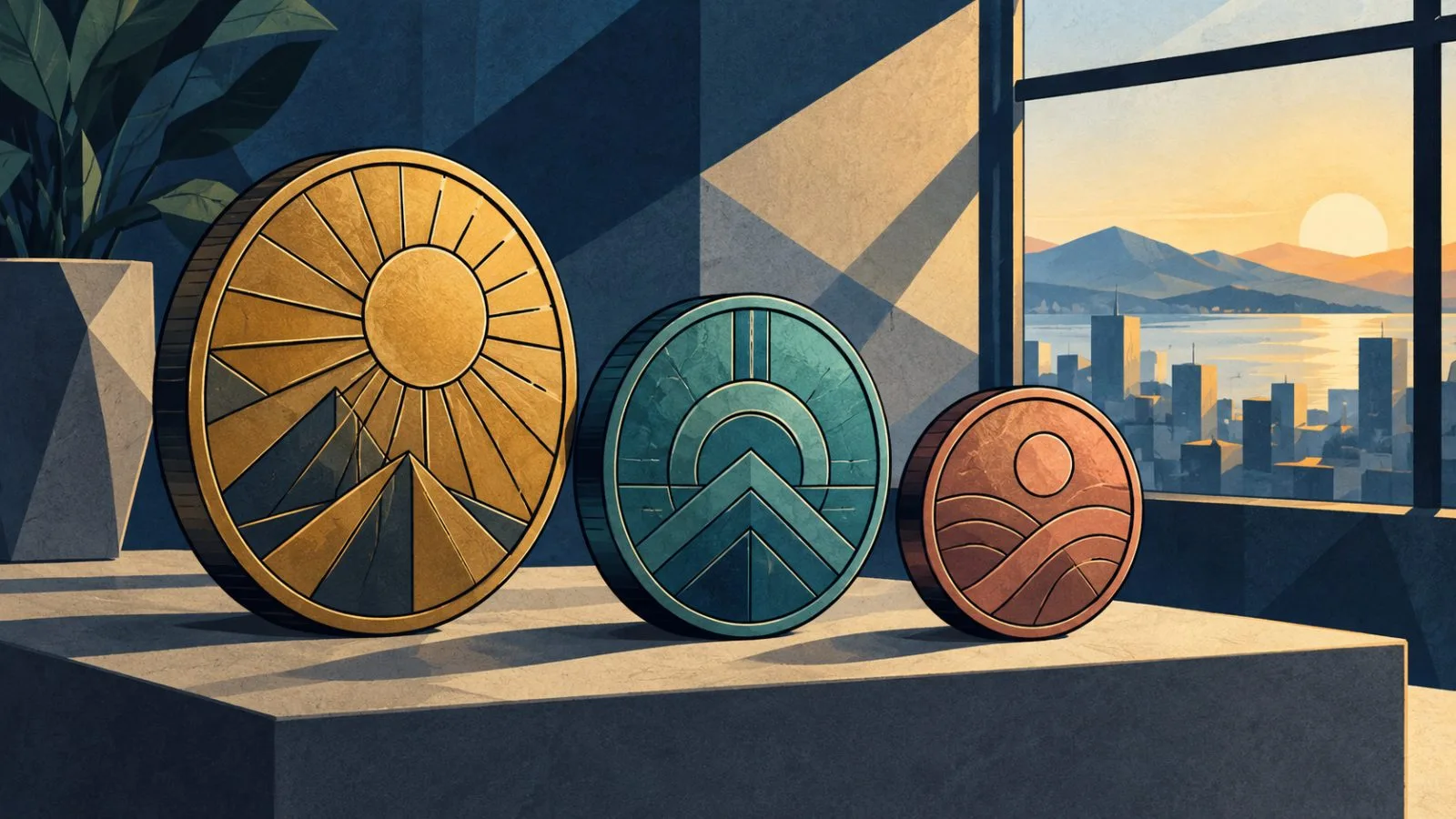 Three metallic medallions arranged by descending market volume / TokenPost.ai