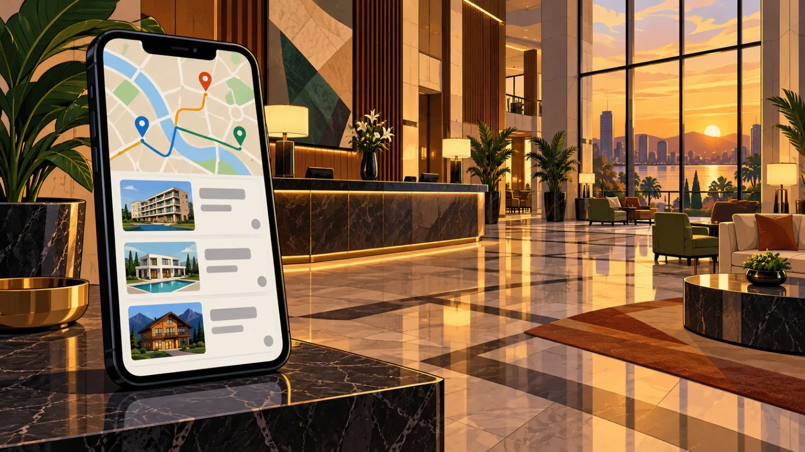Smartphone map beside a warmly lit hotel lobby entrance / TokenPost.ai